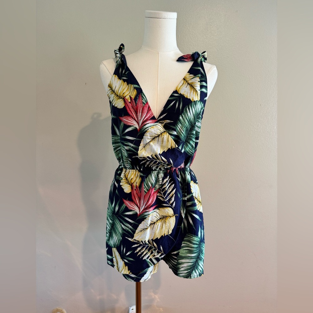 superdown Navy Tropical Leaf Tie-Shoulder One-Piece Romper